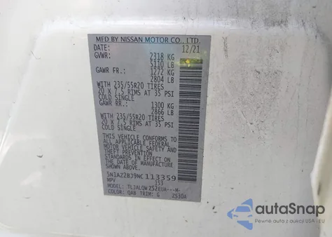 2022 Nissan Murano Sv Fwd из США, поврежденный, VIN 5N1AZ2BJ9NC113359